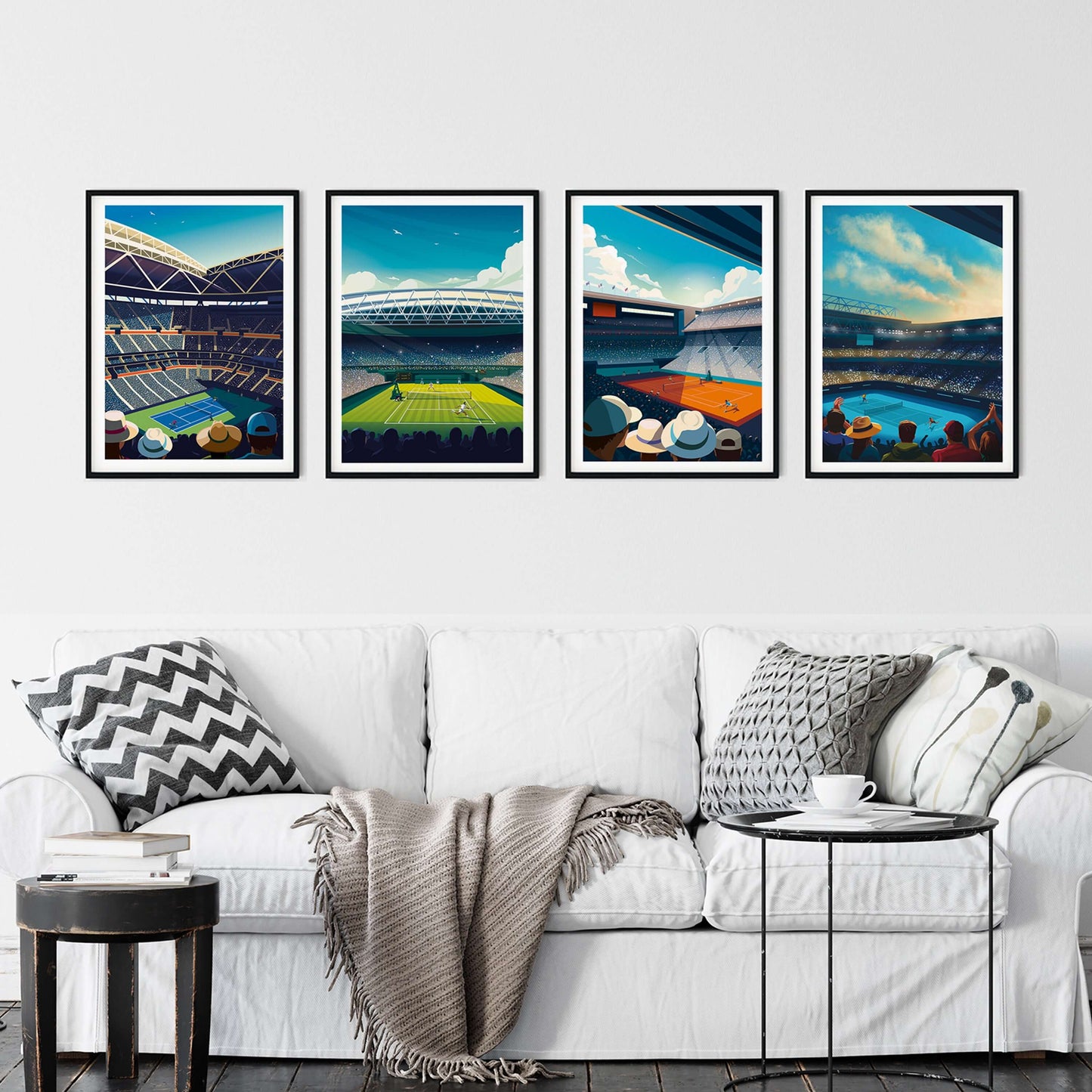 Living room with four vibrant and colorful tennis wall art prints of the Grand Slams, framed and displayed above the sofa.