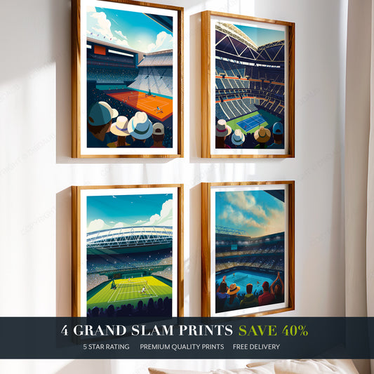 Four framed tennis prints of French Open, Wimbledon, US Open and Australian Open.