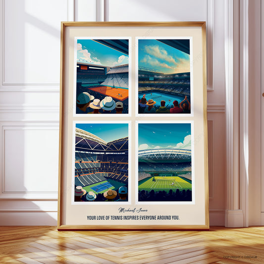 Framed tennis artwork of each Grand Slam event with a personal message and name.