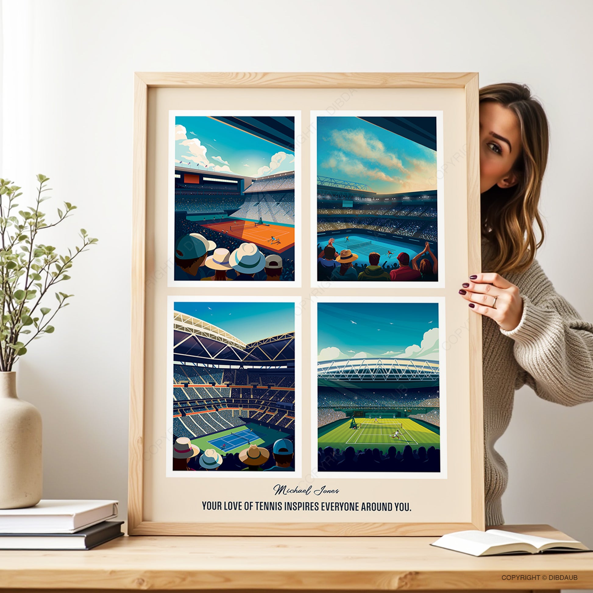 A lady holding a personalised framed tennis print that includes artwork of each 4 grand slam venue.