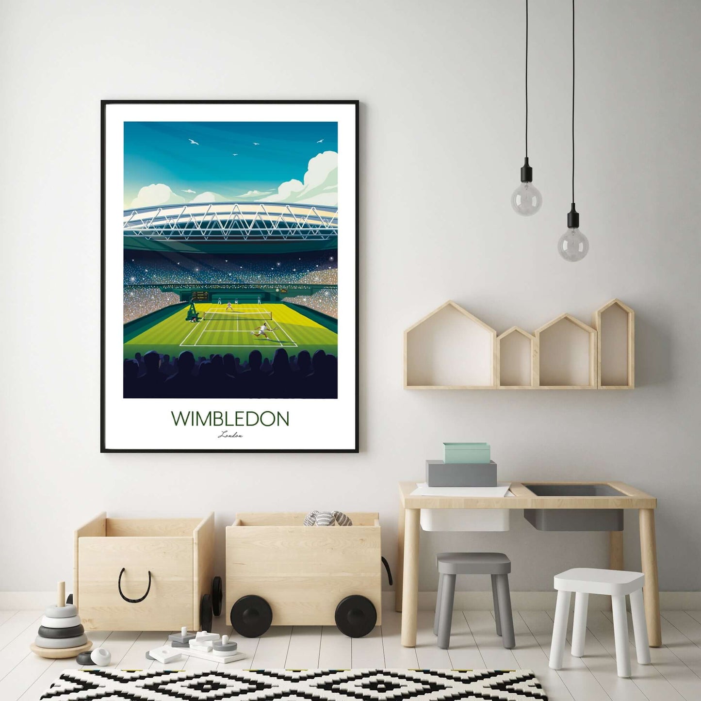 Kids room displaying a framed Wimbledon tennis art print.