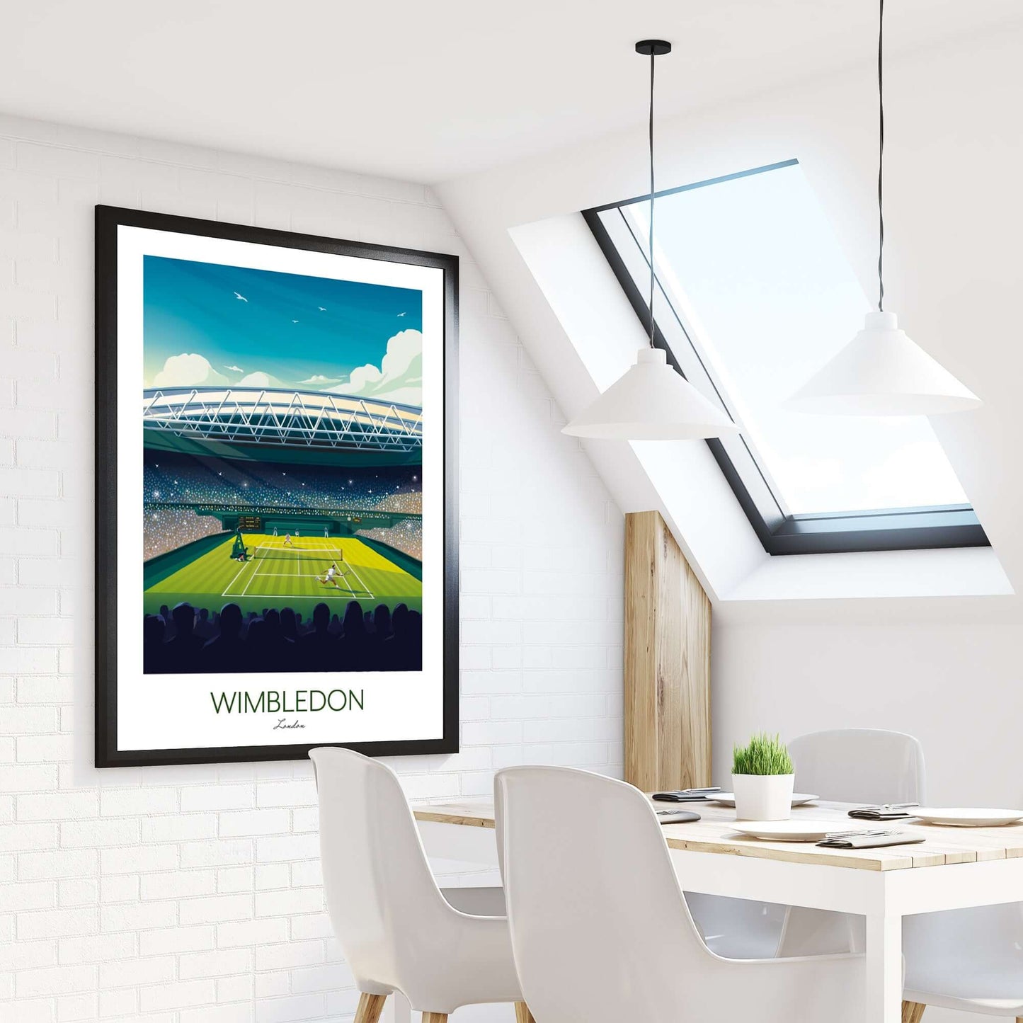 Large Wimbledon tennis art print in a black frame, displayed on a wall above a kitchen table and beside a window.