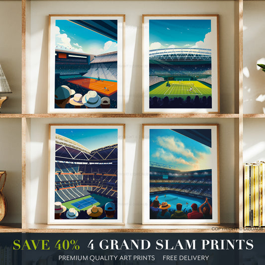Four framed art prints of tennis grand slam stadiums on a shelf.