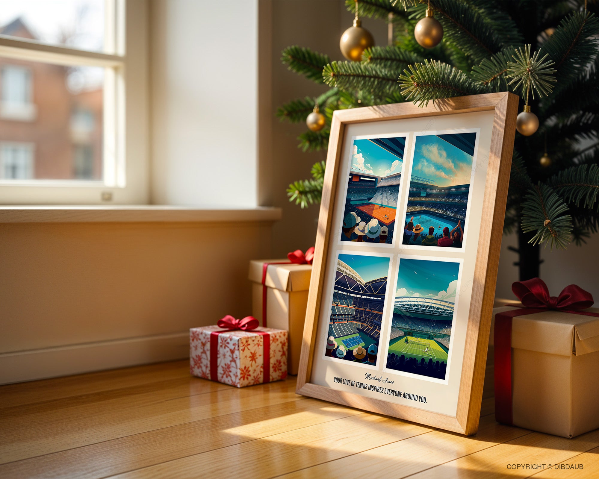 A personalied framed tennis print unwrapped and leaning against a Christmas tree.