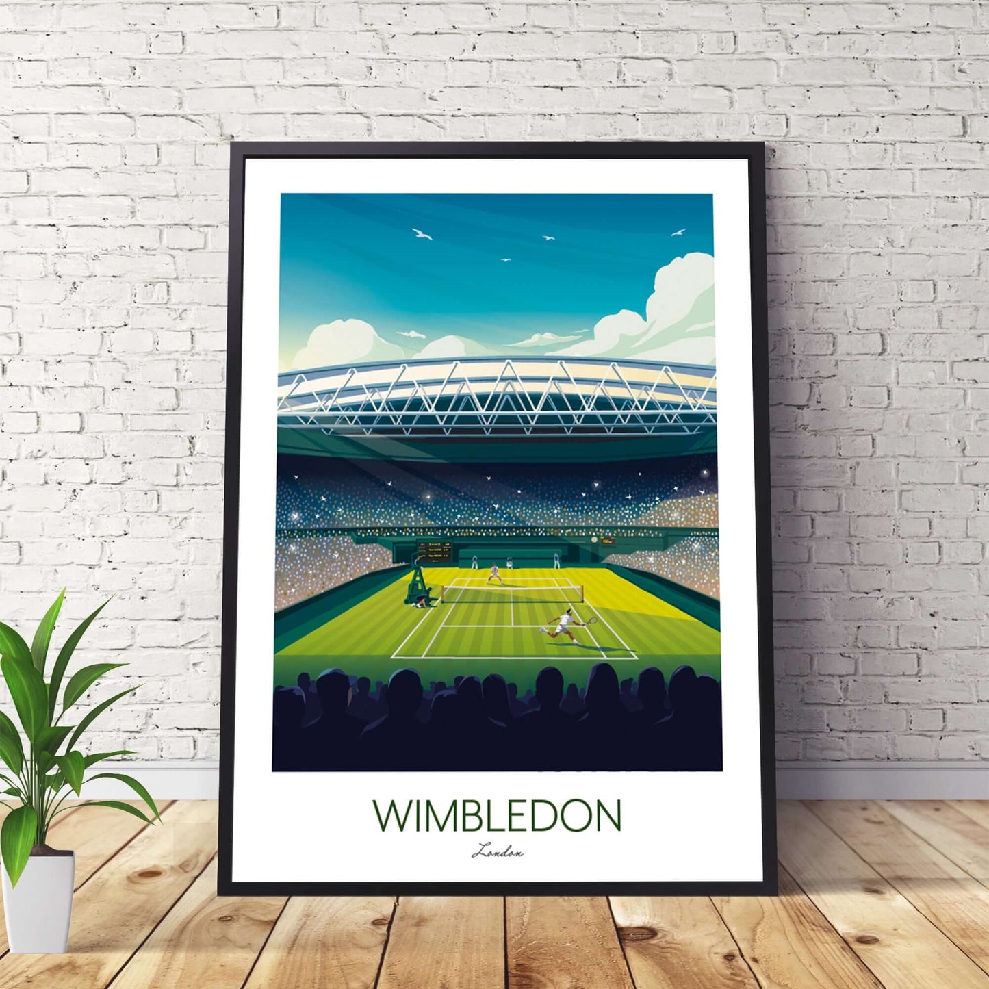 Framed Wimbledon tennis artwork of Roger Federer and Djokovic playing in final.