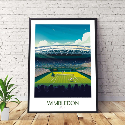 Framed Wimbledon tennis artwork of Roger Federer and Djokovic playing in final.