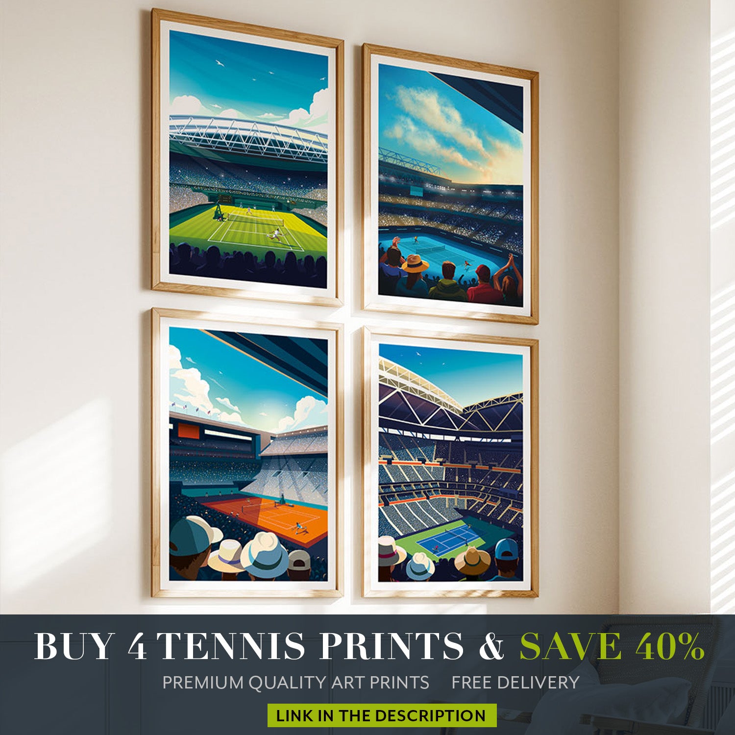 Four framed tennis prints on a wall with promotional text at the bottom.