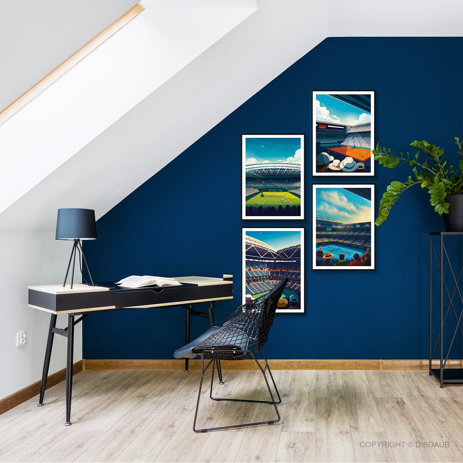 Modern home office with blue wall, desk, chair, and framed tennis prints of Wimbledon, French Open, US Open and Australian Open.