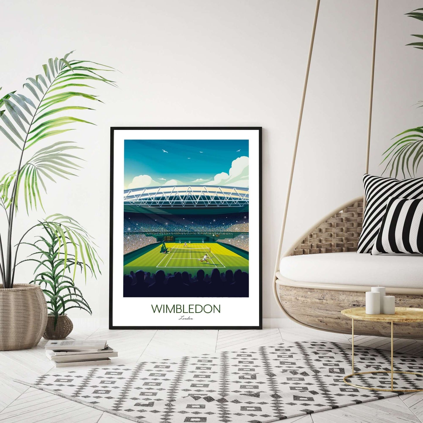 Framed tennis wall art print of Wimbledon, placed against a wall with an indoor plant to the left and a hanging chair to the right.