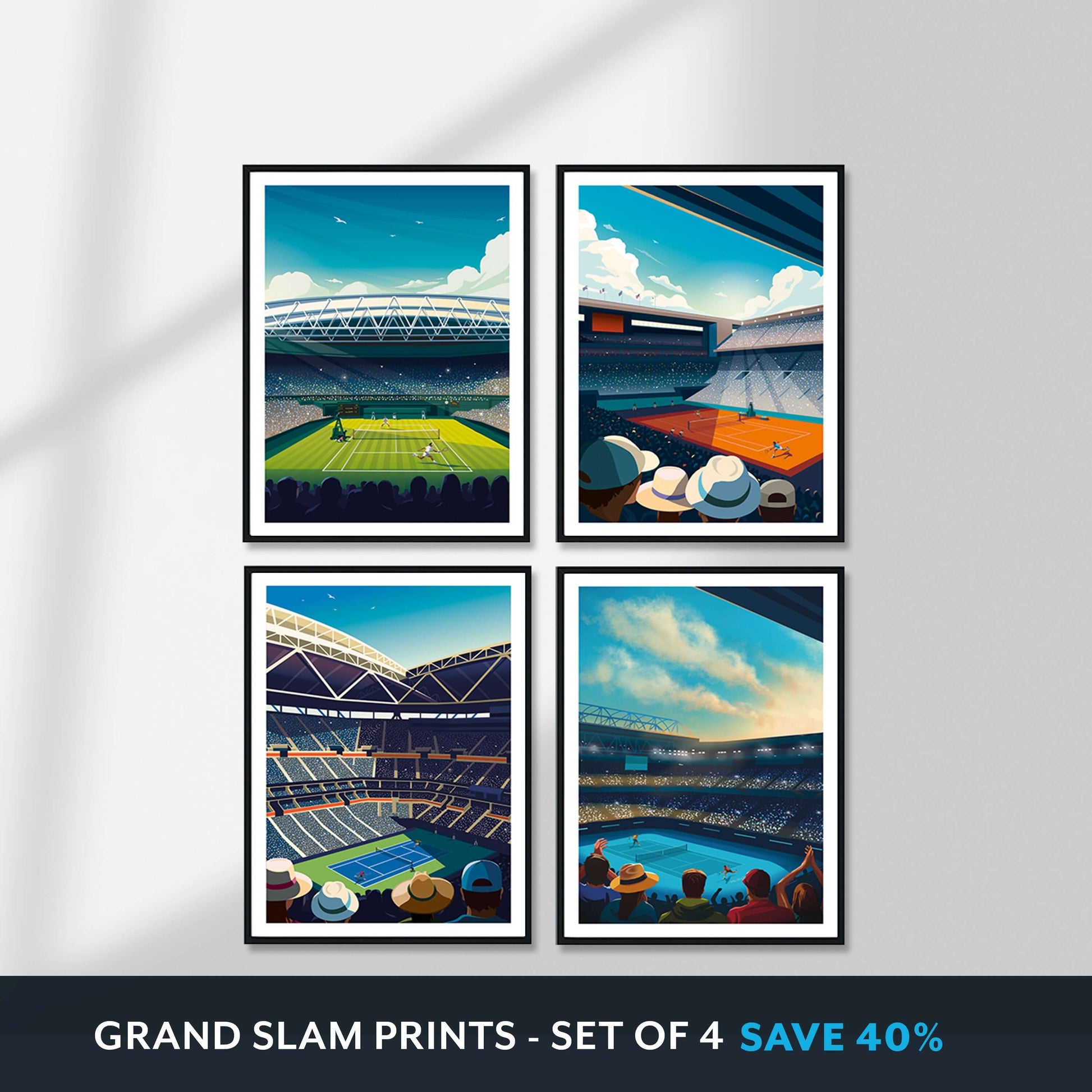 Set of 4 colourful tennis art prints of the Grand Slam events, including US Open, Wimbledon, French Open and Australian Open.