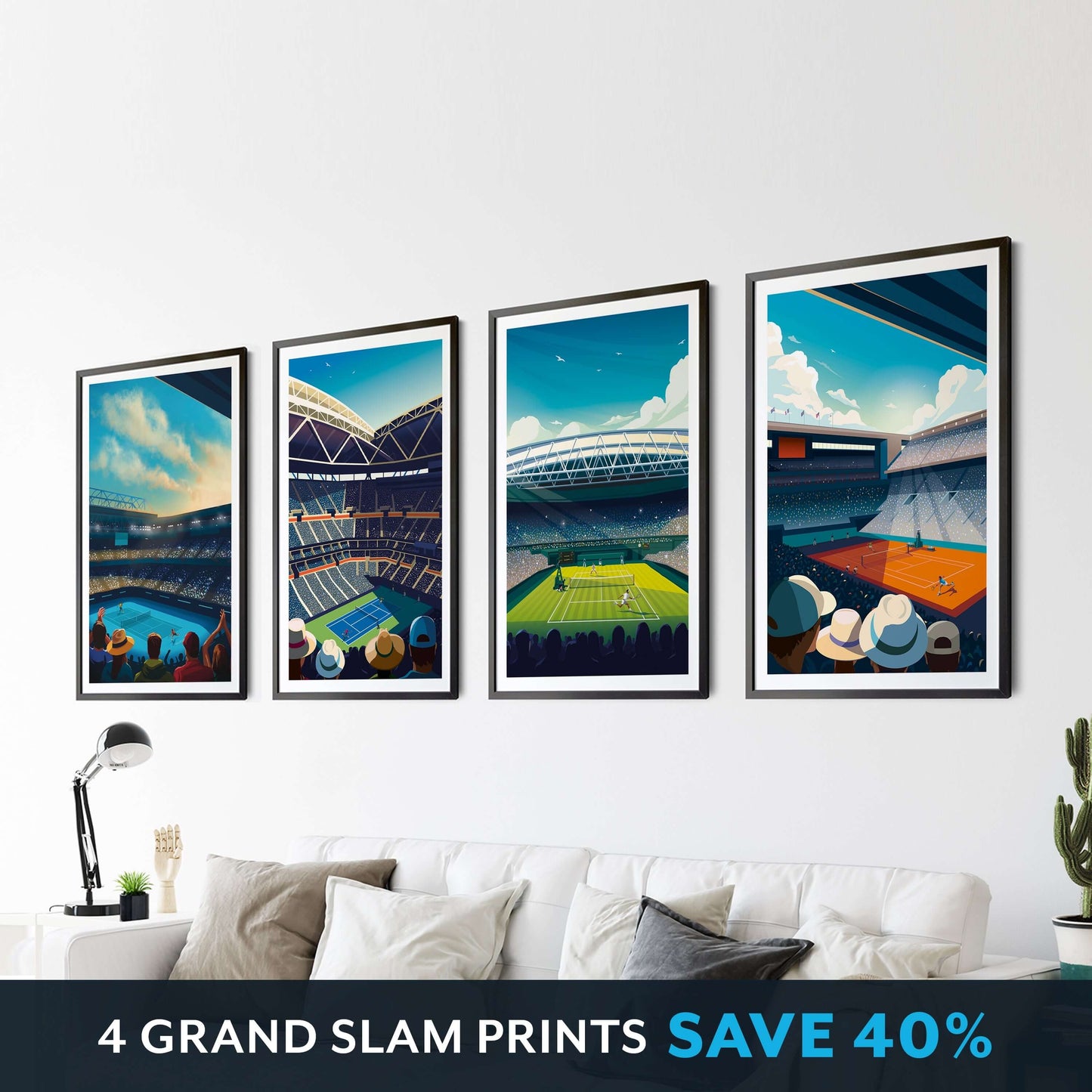 4 vibrant modern Grand Slam tennis prints, framed and hung on a living room wall above the sofa.