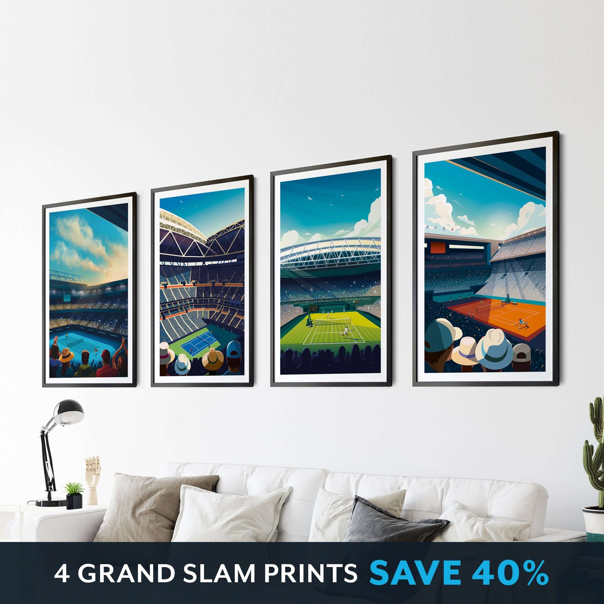 4 vibrant modern Grand Slam tennis prints, framed and hung on a living room wall above the sofa.