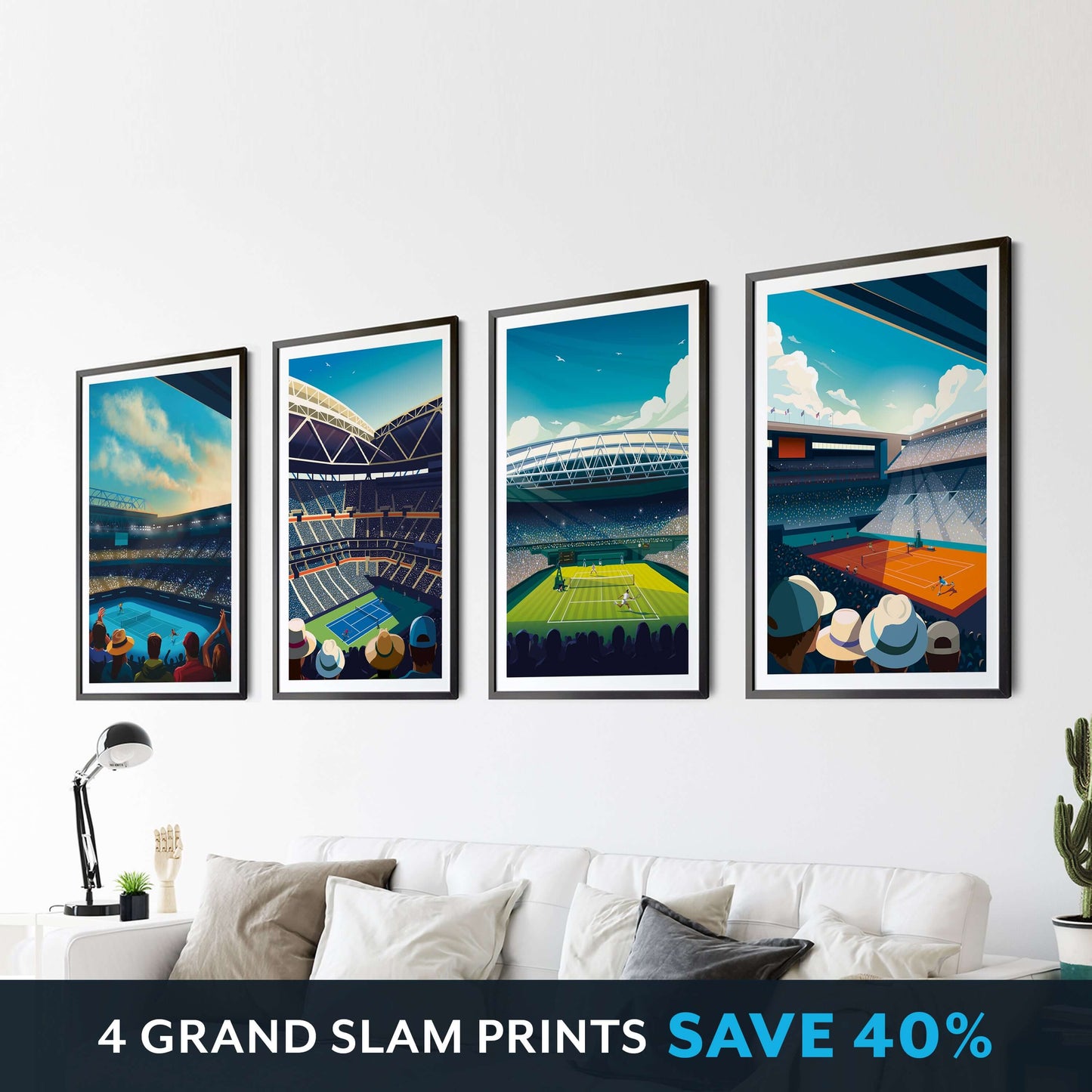 Four framed grand slam tennis art prints on a living room wall above a sofa. Prints include Wimbledon, US Open, French Open and the Australian Open.