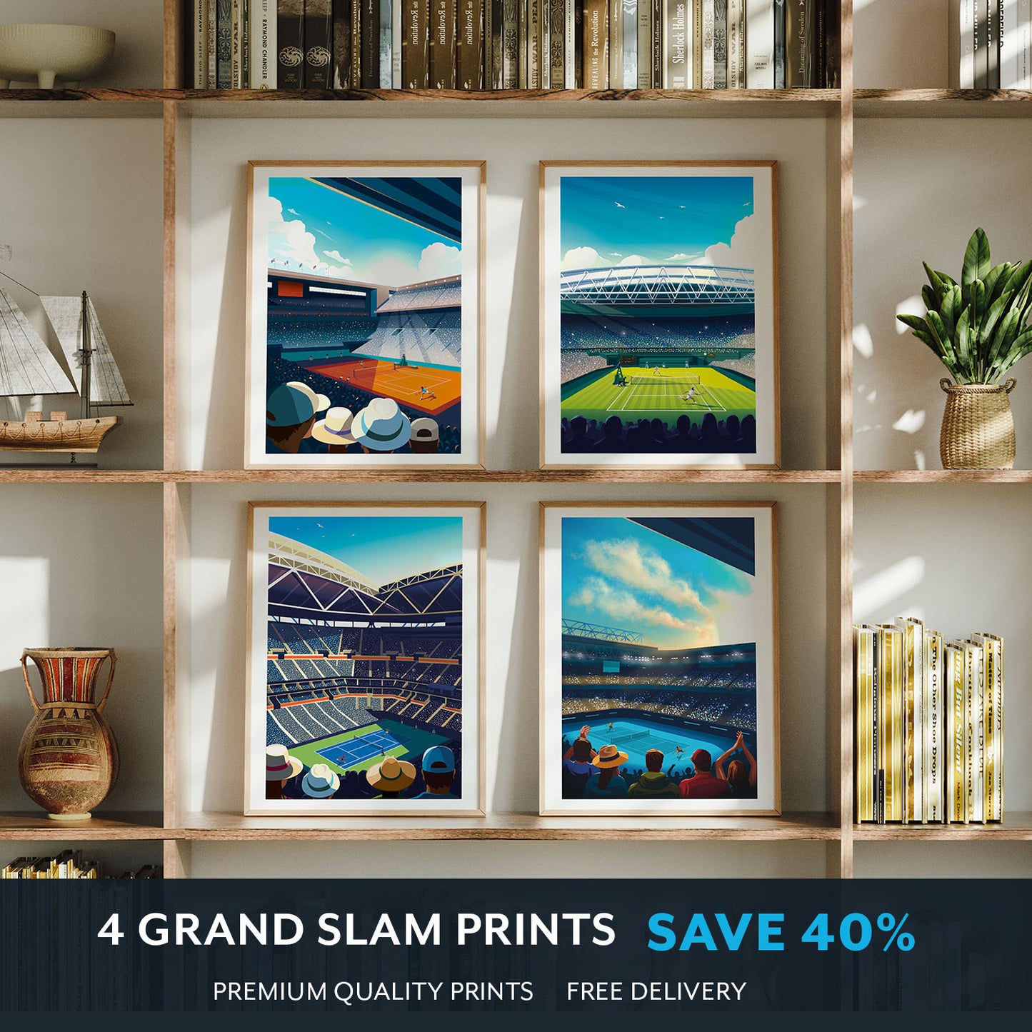 Set of 4 framed tennis art prints of the Grand Slams, displayed in a built-in shelving display unit.