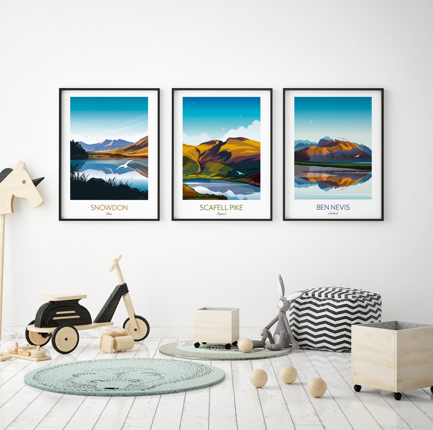 Three Peaks Challenge UK Gift - Personalised Climbing Prints of Snowdon, Scaffel Pike and Ben Nevis