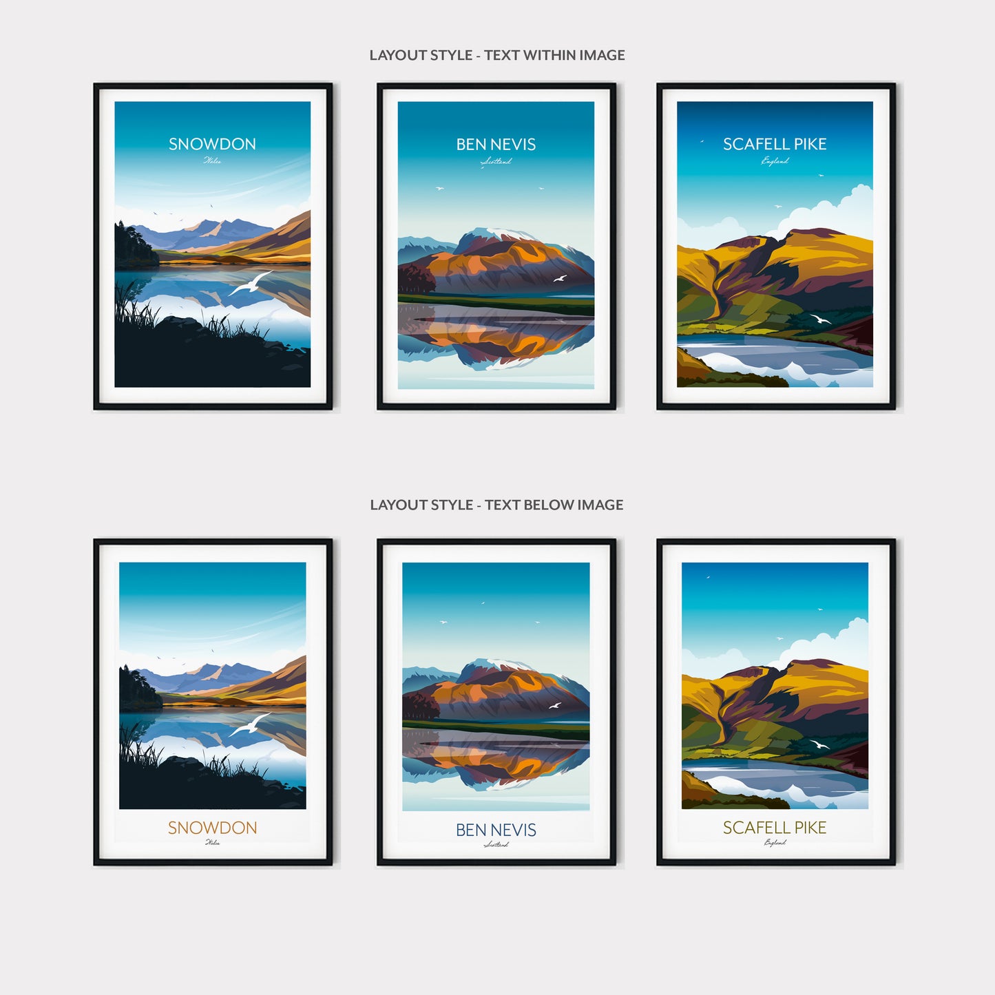 Three Peaks Challenge UK Gift - Personalised Climbing Prints of Snowdon, Scaffel Pike and Ben Nevis