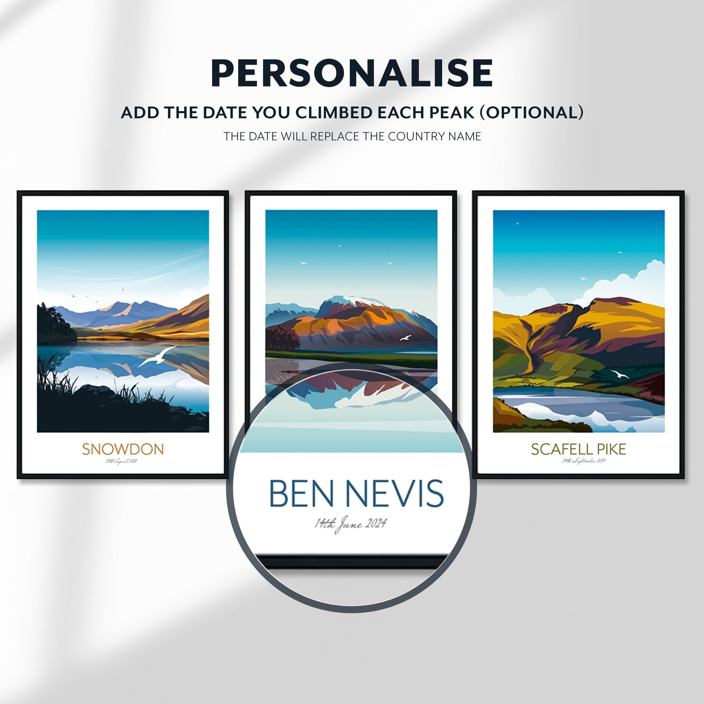 Three Peaks Challenge UK Gift - Personalised Climbing Prints of Snowdon, Scaffel Pike and Ben Nevis