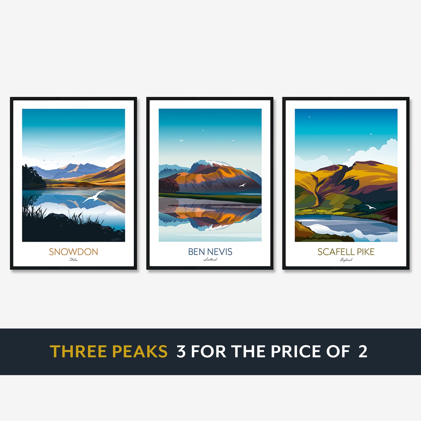 Three Peaks Challenge UK Gift - Personalised Climbing Prints of Snowdon, Scaffel Pike and Ben Nevis