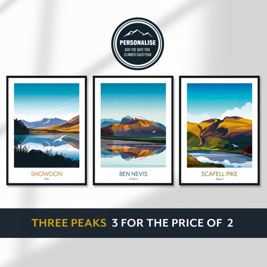 Three Peaks Challenge UK Gift - Personalised Climbing Prints of Snowdon, Scaffel Pike and Ben Nevis