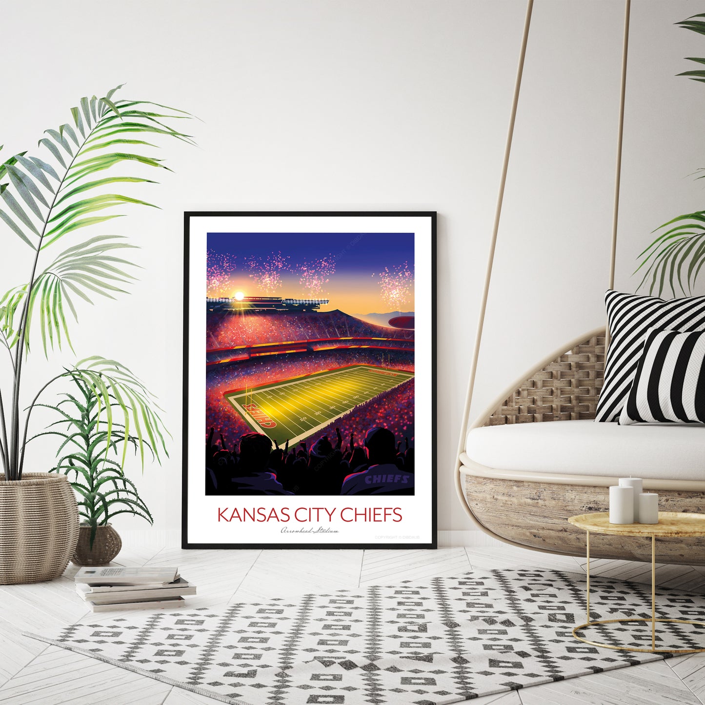 Framed artwork of a football stadium with 'Kansas City Chiefs' text in a modern living room.