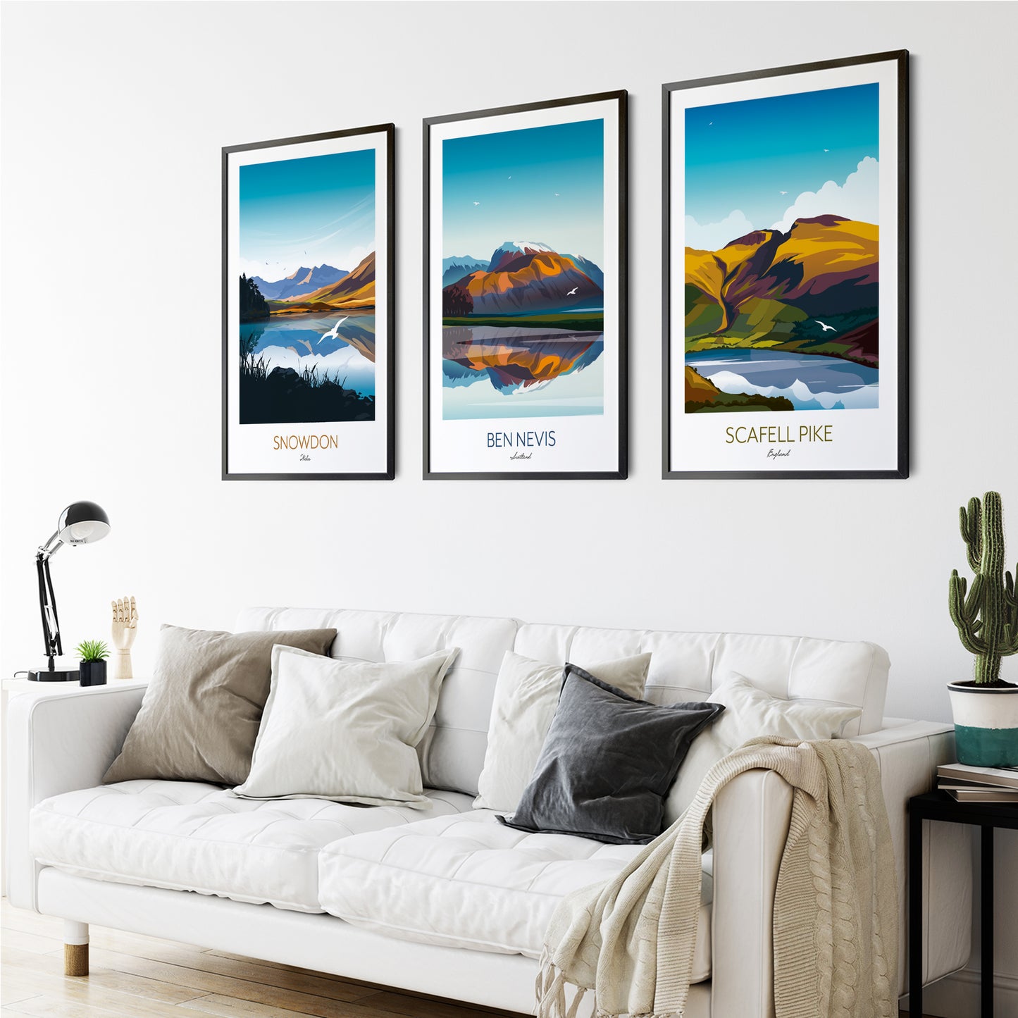 Three Peaks Challenge UK Gift - Personalised Climbing Prints of Snowdon, Scaffel Pike and Ben Nevis