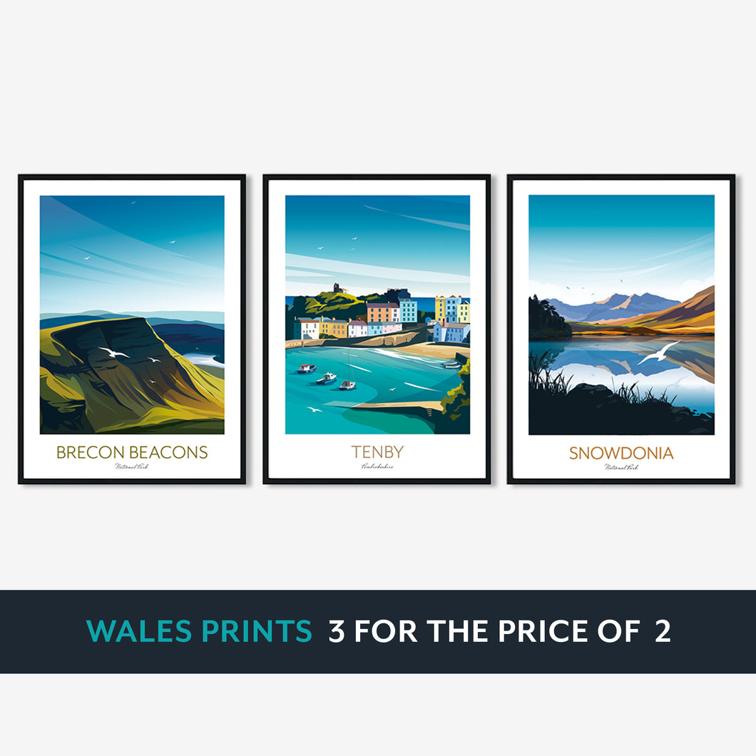 Wales Art Prints Set of 3 - Snowdonia, Brecon Beacons, Tenby
