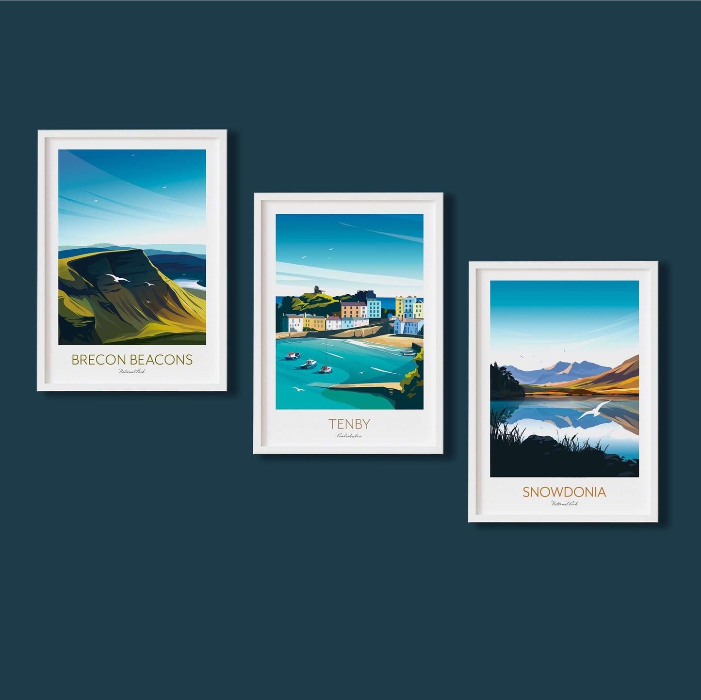 Wales Art Prints Set of 3 - Snowdonia, Brecon Beacons, Tenby