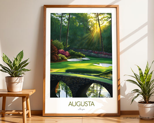 Augusta Golden Bell 12th hole golf print handcrafted Giclée framed wall art.