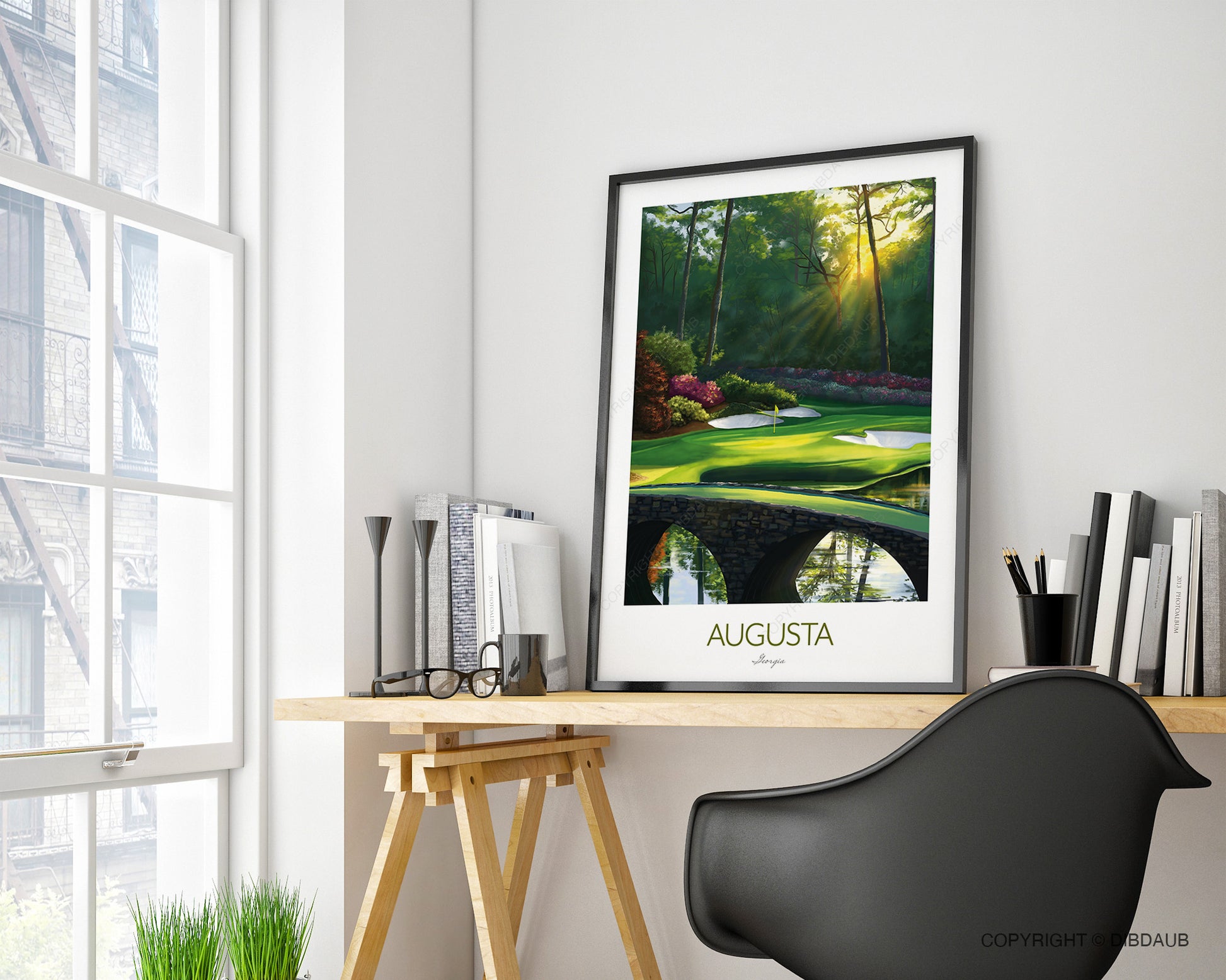 Augusta golf print displayed in home office decor