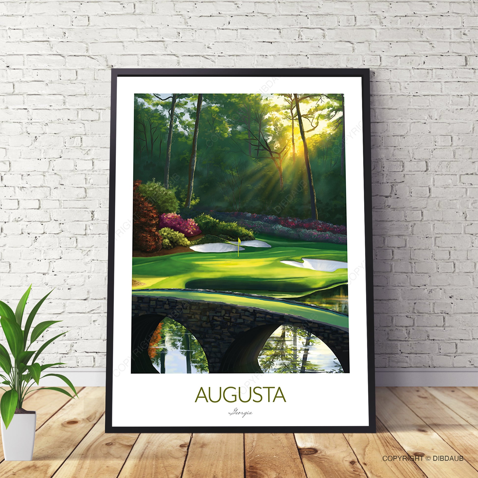 Framed artwork of the famous Augusta National Golden Bell hole featuring the Ben Hogan bridge and 12th green.