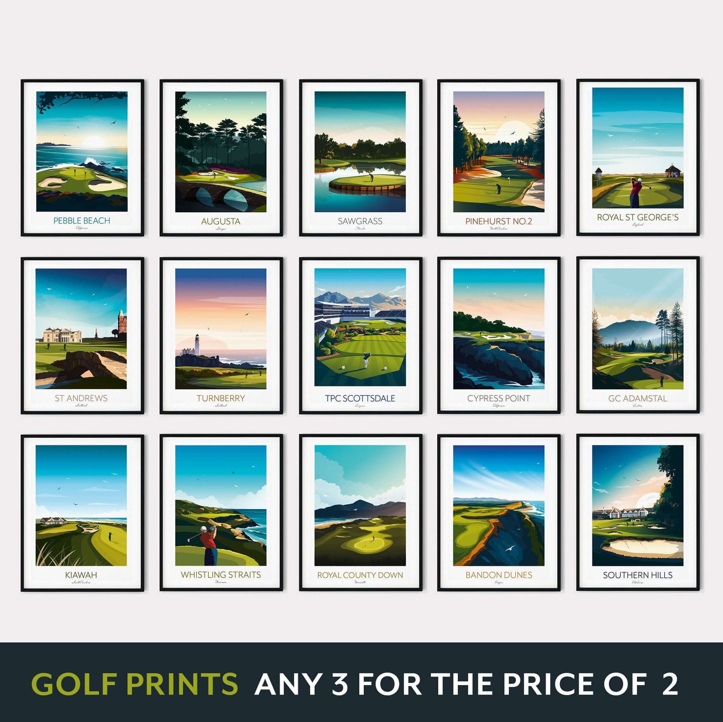 For sale a collection of famous golf course prints framed and displayed on a home interior wall, 3 for the price of 2. 