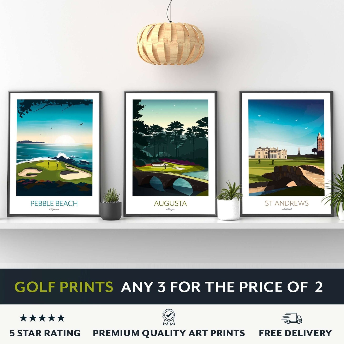 A set of three golf course print of St Andrews, Augusta Golden Bell and Pebble Beach, sitting on a shelf with plants.