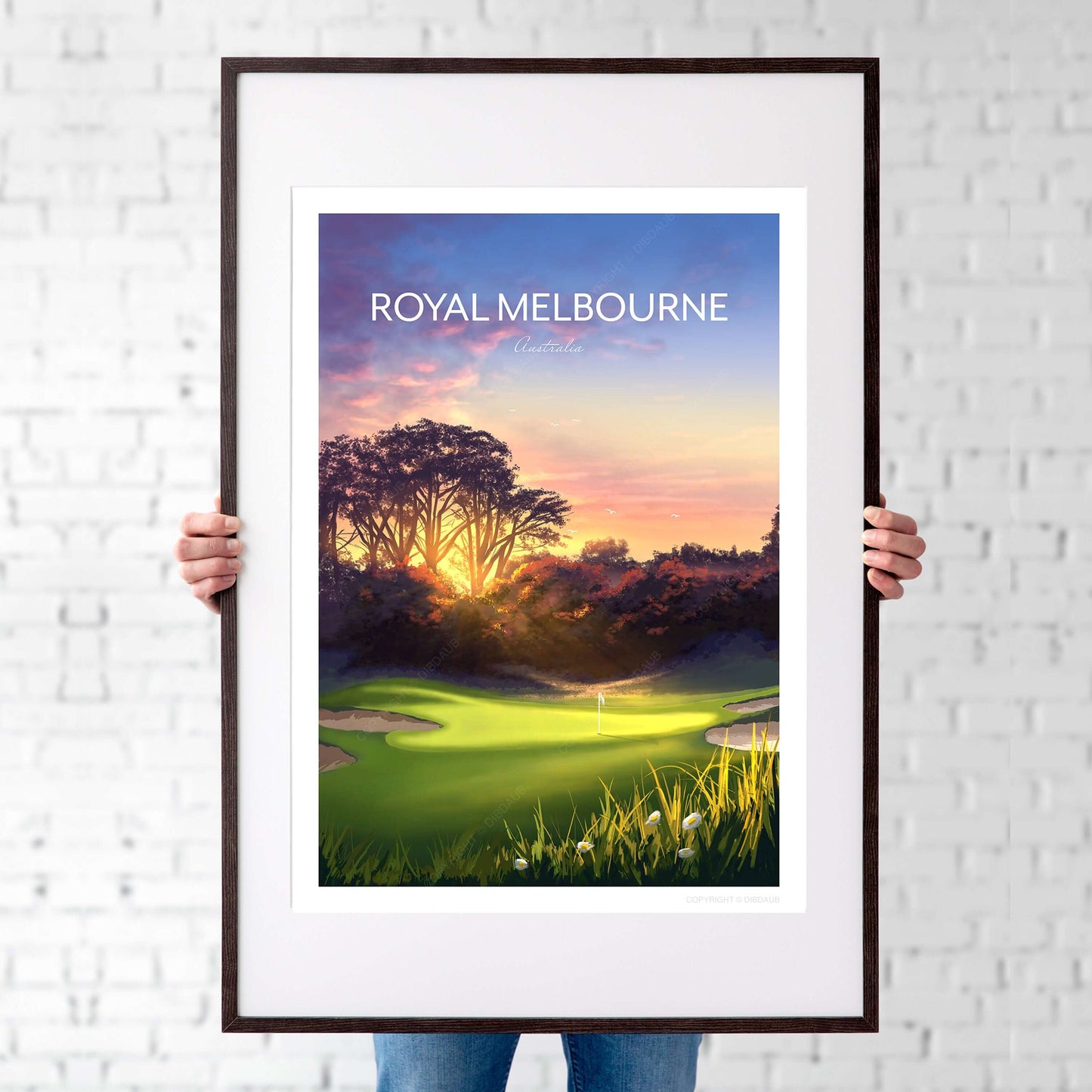 Royal Melbourne framed golf poster, of the West Course 5th hole.