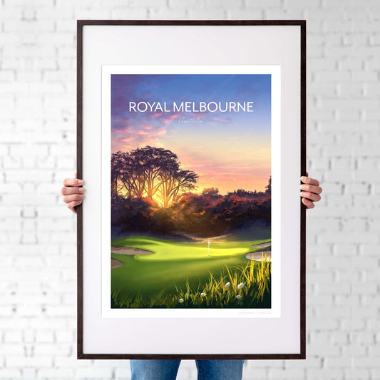 Royal Melbourne framed golf poster, of the West Course 5th hole.