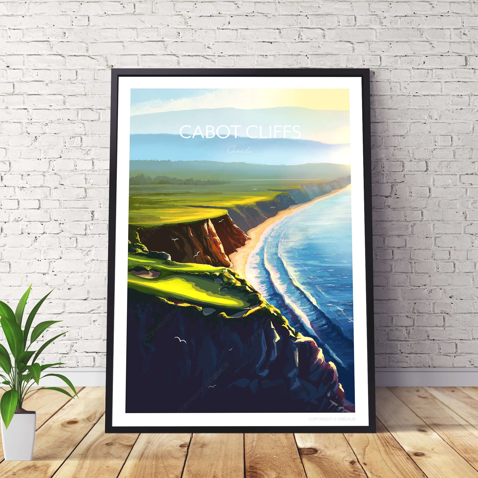 Framed golf course wall art of Cabot Cliffs 16th hole, Canada.