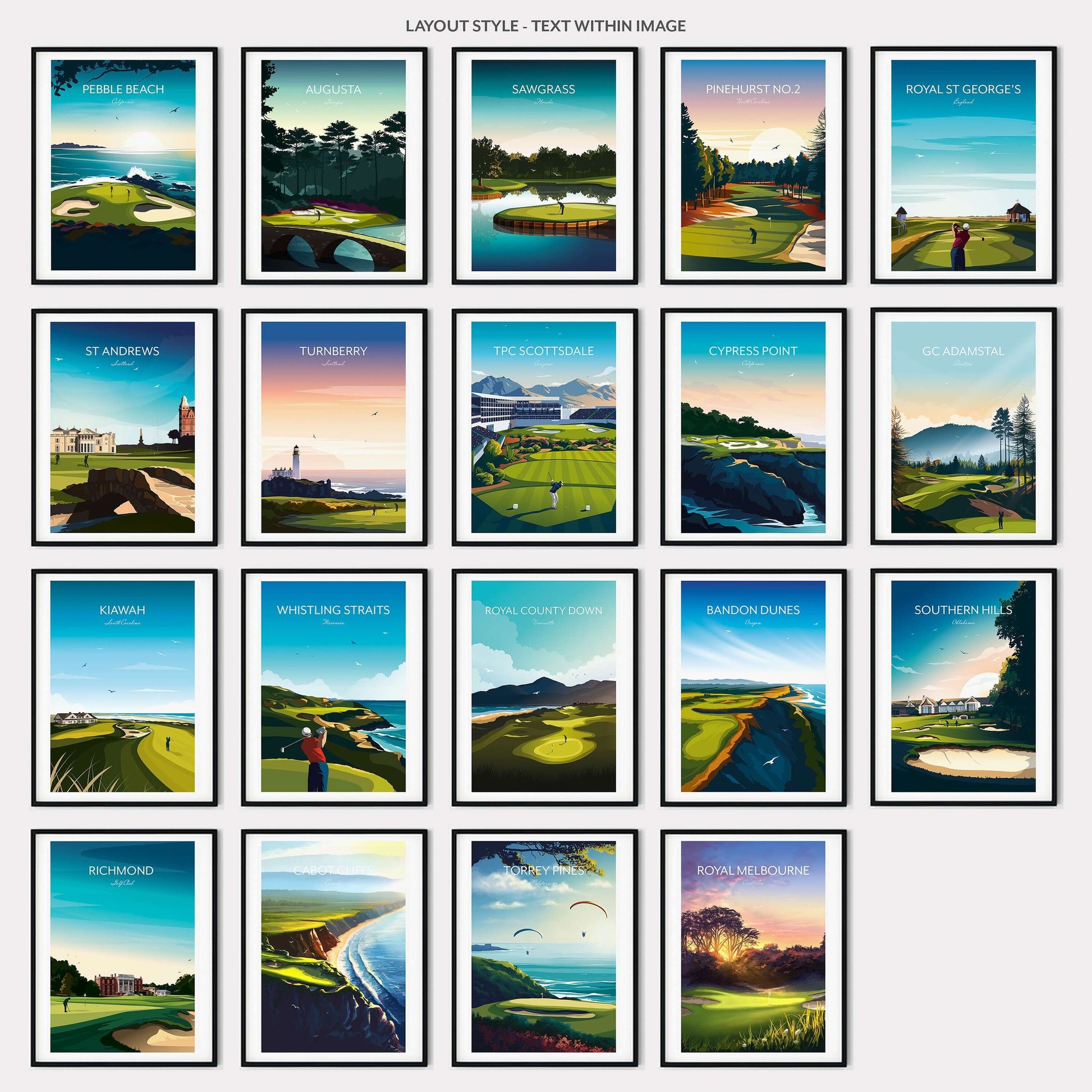 A gallery wall of famous golf course prints framed.