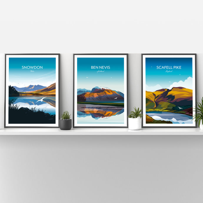 Three Peaks Challenge Prints, Ben Nevis, Snowdon, Scafell Pike.