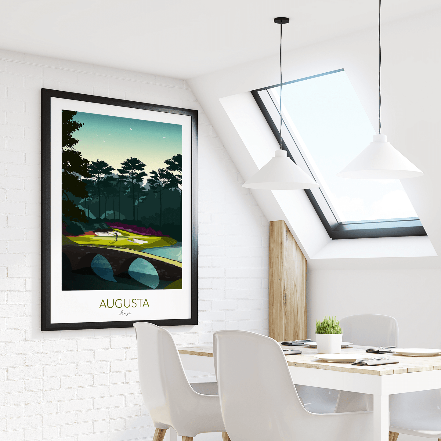 Golf print of Augusta National hanging on a white wall beside a dining table.