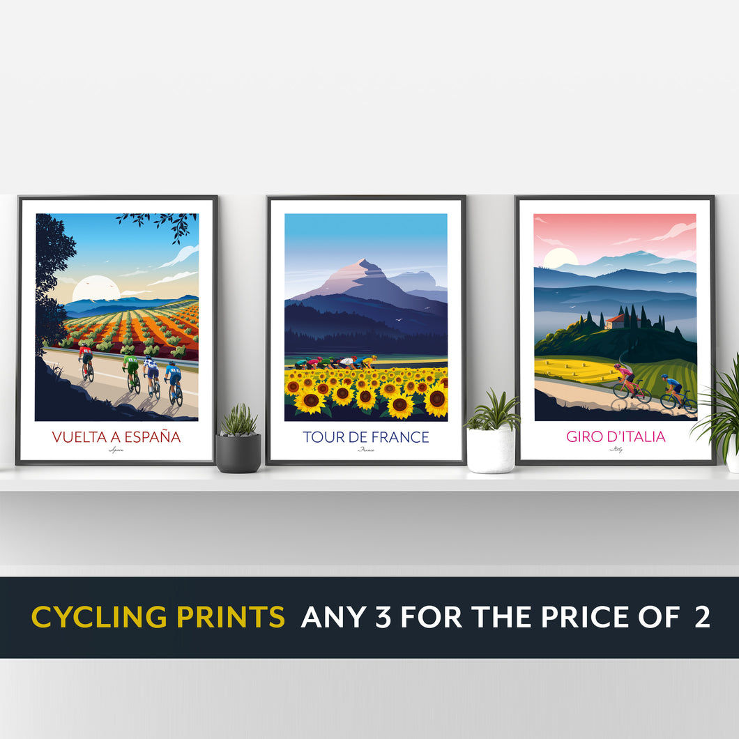 Cycling prints set of 3, Tour De France, Giro D'Italia, Vuelta a España.