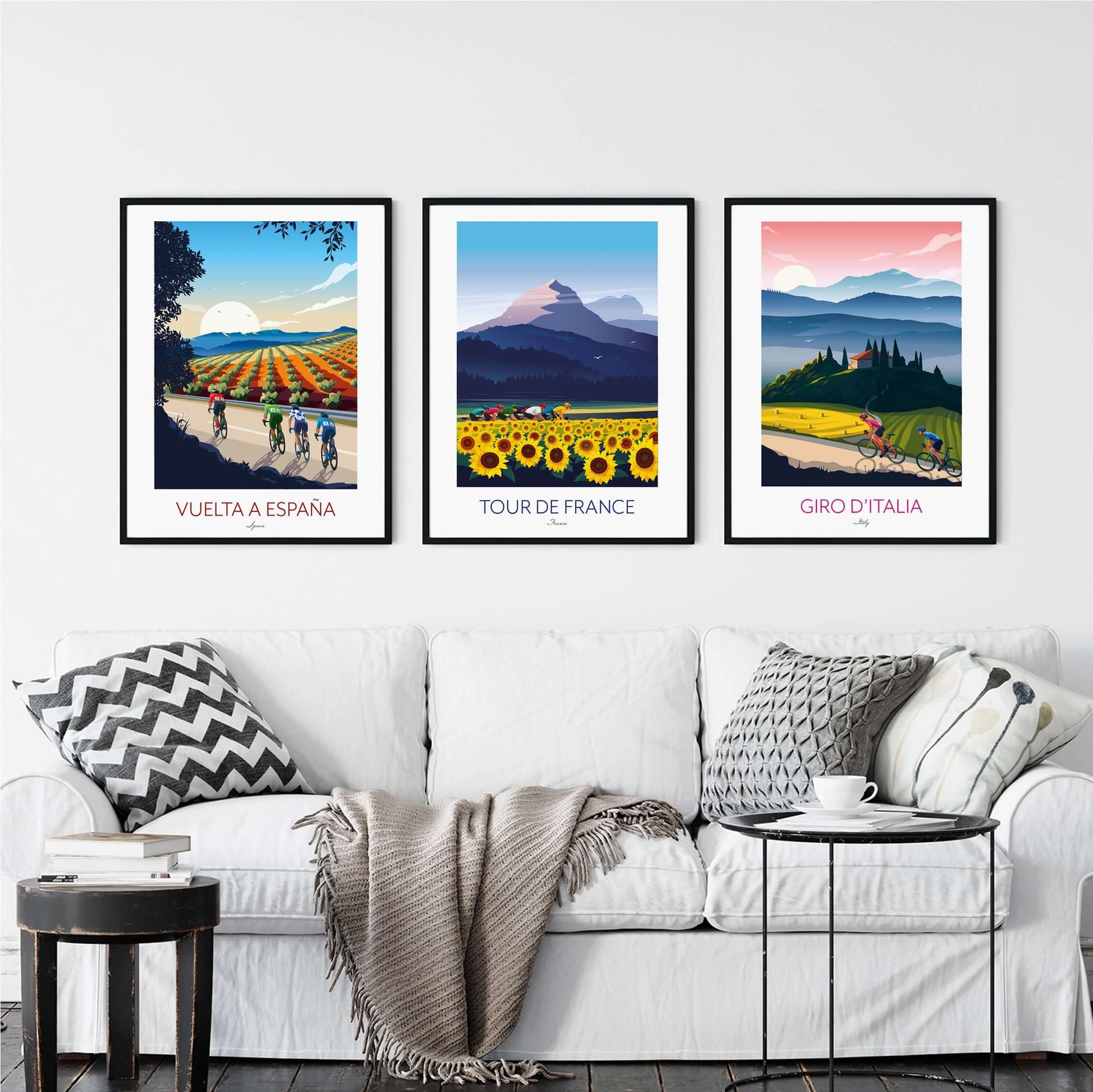 Cycling prints set of 3, Tour De France, Giro D'Italia, Vuelta a España.