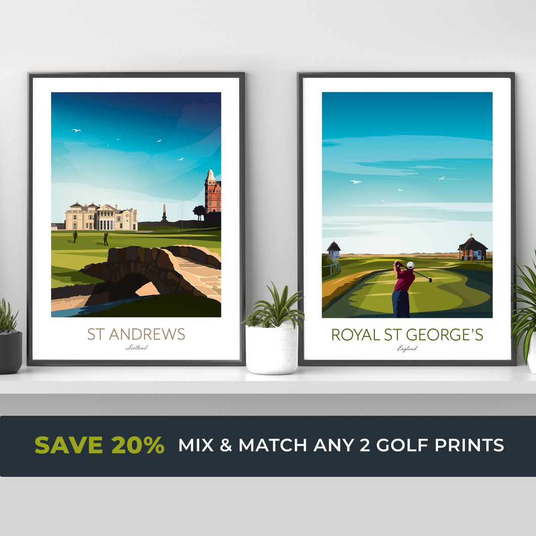 Golf Prints - Choose any 2 prints and SAVE 20% - Augusta, Pebble Beach, St Andrews, TPC Sawgrass, Kiawah, Royal County Down