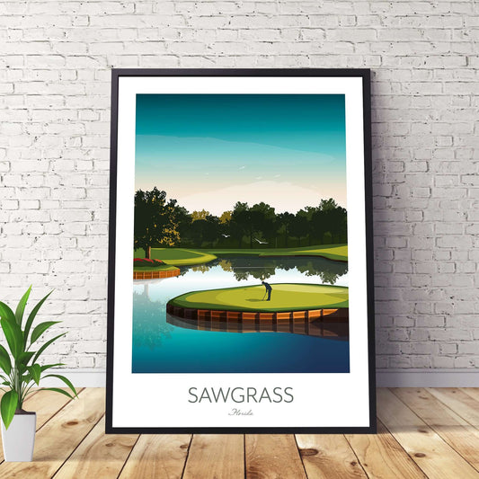 Framed golf print of TPC Sawgrass 17th hole at island green.