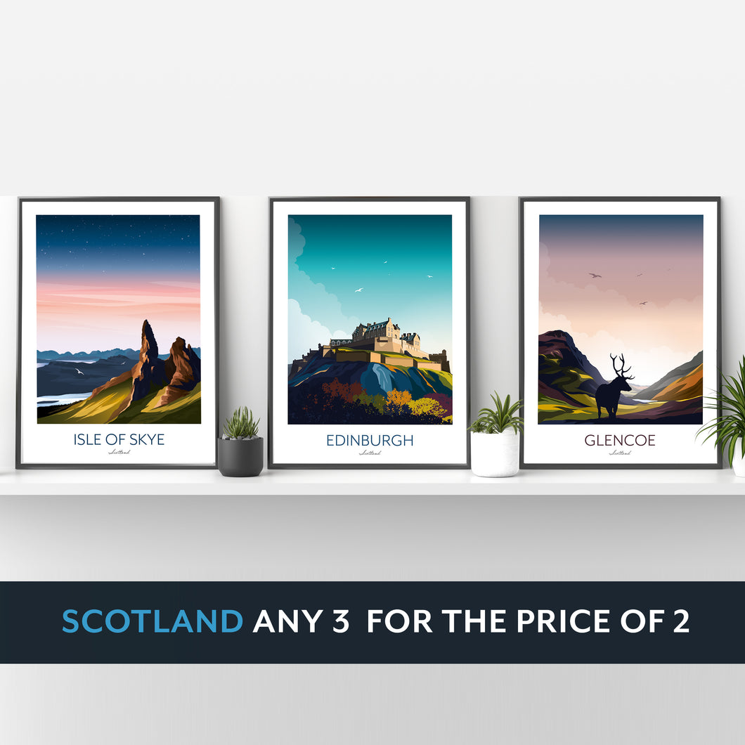 Scotland Prints - Any 3 for 2 - Edinburgh, Loch Lomond, Isle of Skye, Glencoe, Cairngorms