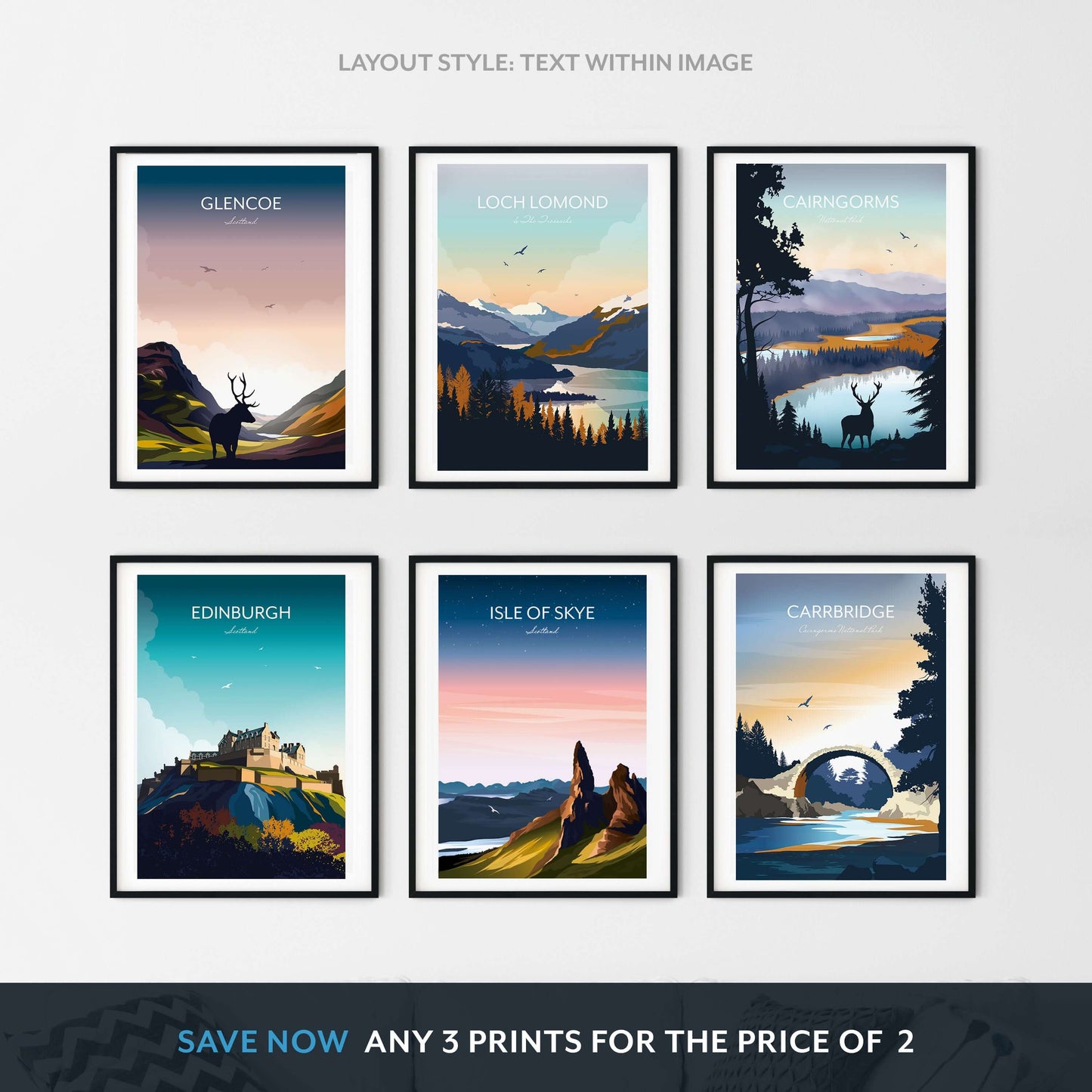 Scotland Travel Posters - Any 3 for 2 - Edinburgh, Loch Lomond, Isle of Skye, Glencoe, Cairngorms