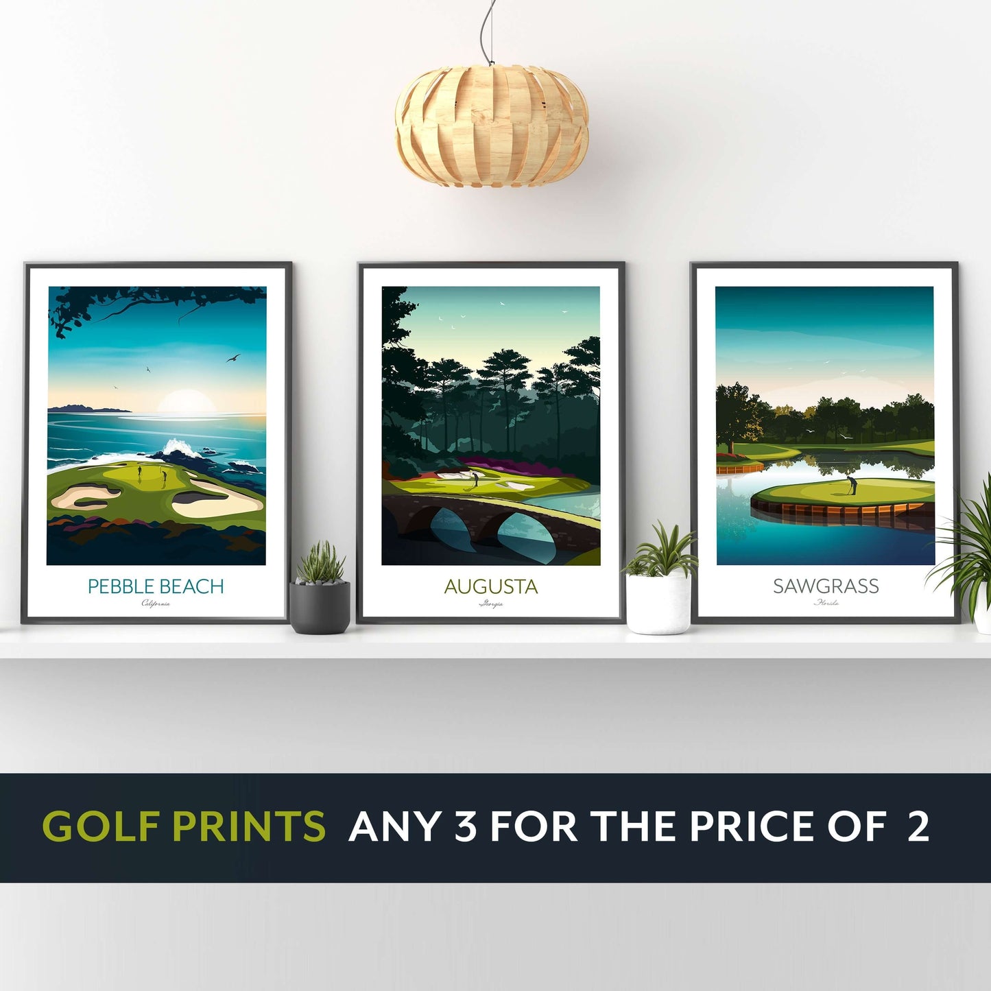 Golf prints set of 3, Pebble Beach, Augusta, Sawgrass.