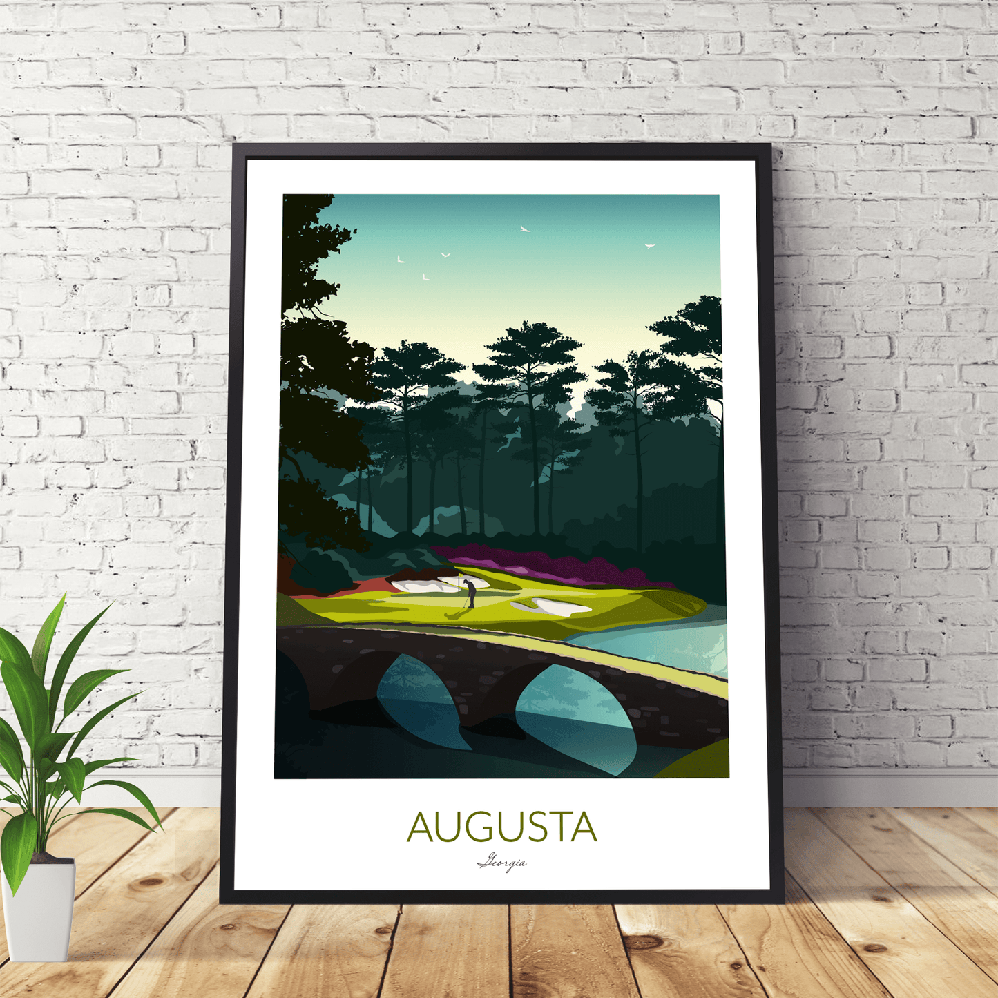 Golf print of Augusta National Golf Course, featuring Amen corner. This artwork has slimline modern black frame.