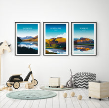 Load image into Gallery viewer, 3 Peaks Wall Art Prints - Snowdon, Scafell Pike, Ben Nevis.
