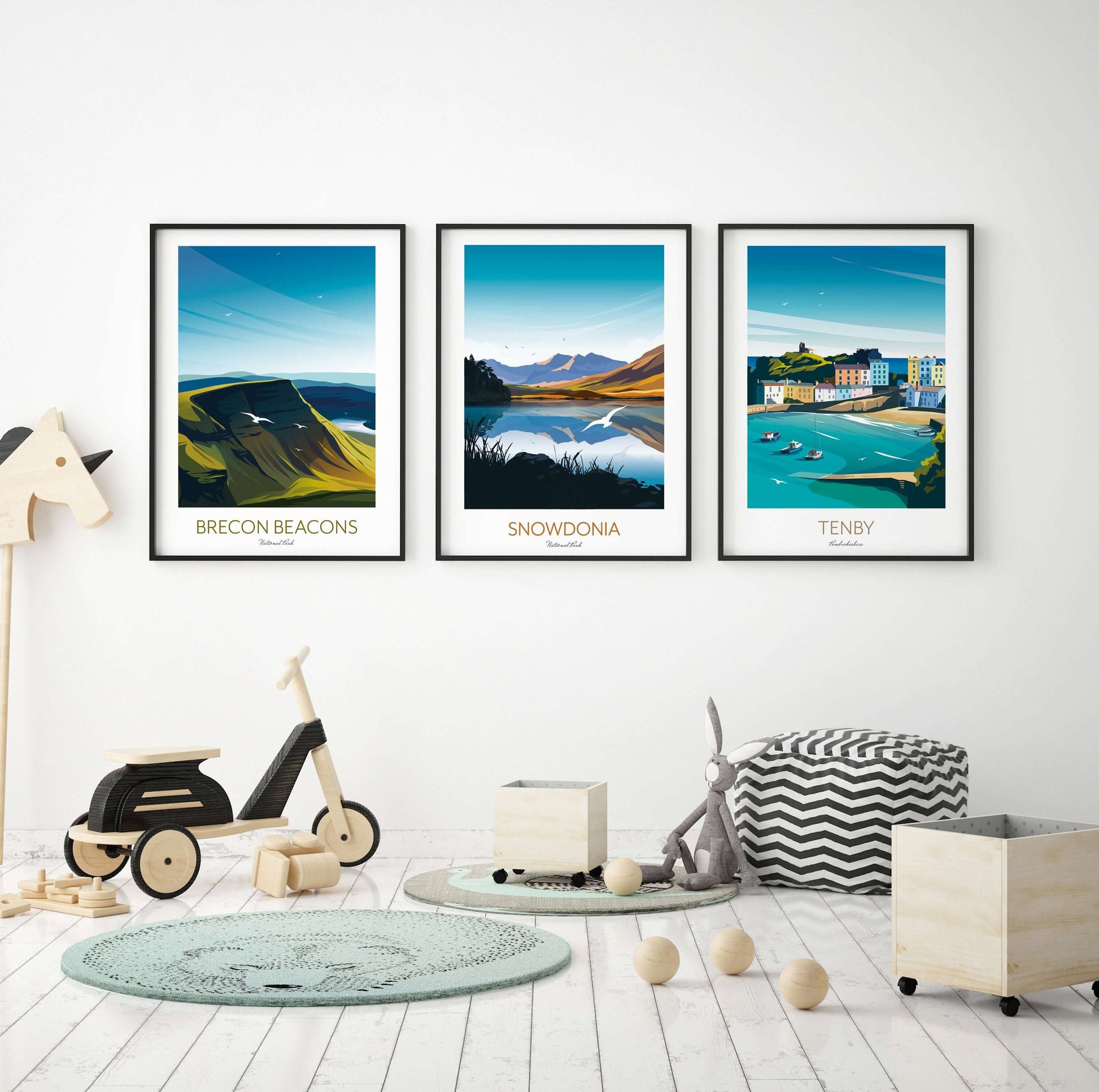 Set of 3 Art prints of Wales, Snowdonia, Brecon Beacons, Tenby.