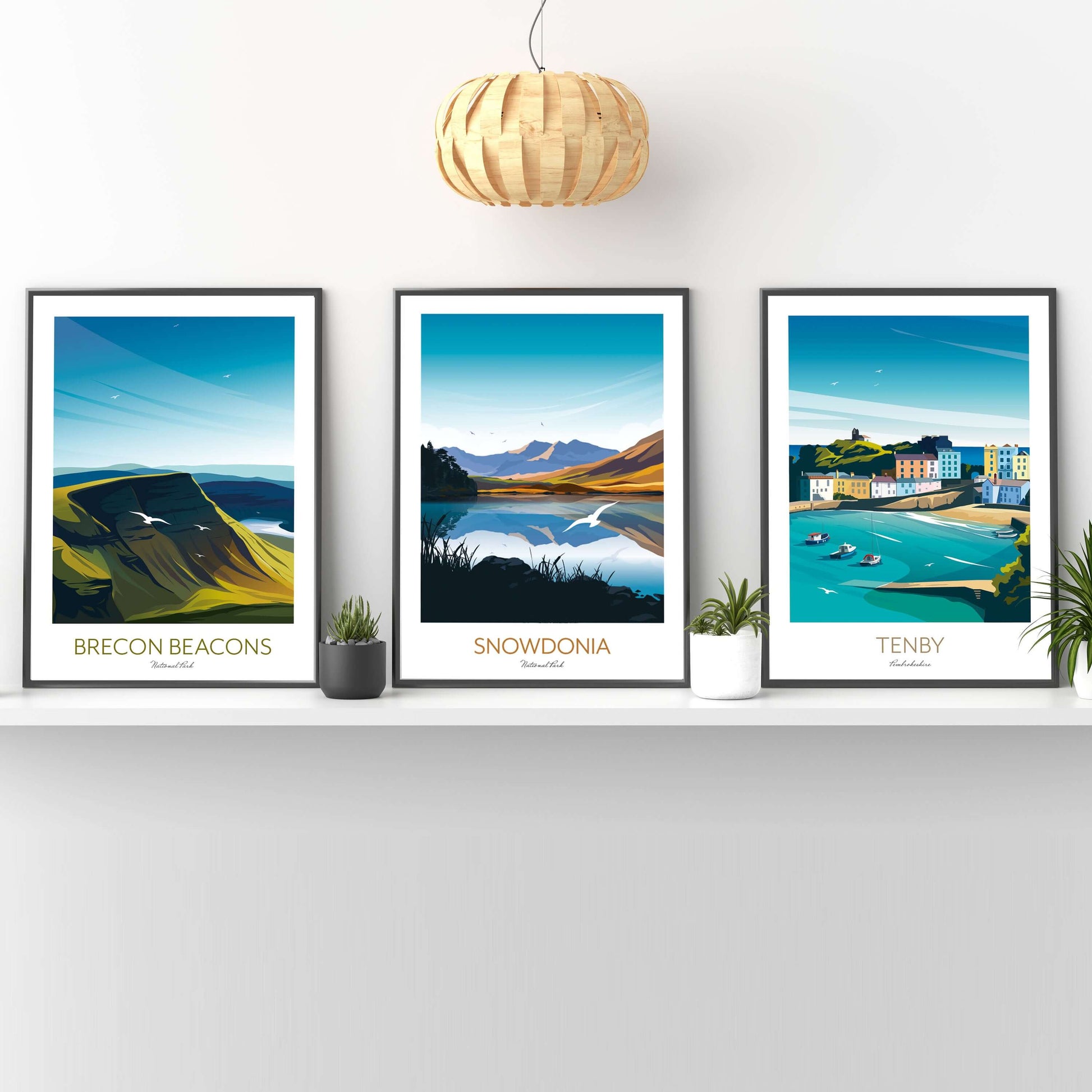 Wales Travel Posters Set of 3, includes Tenby, Brecon Beacons, Snowdonia.